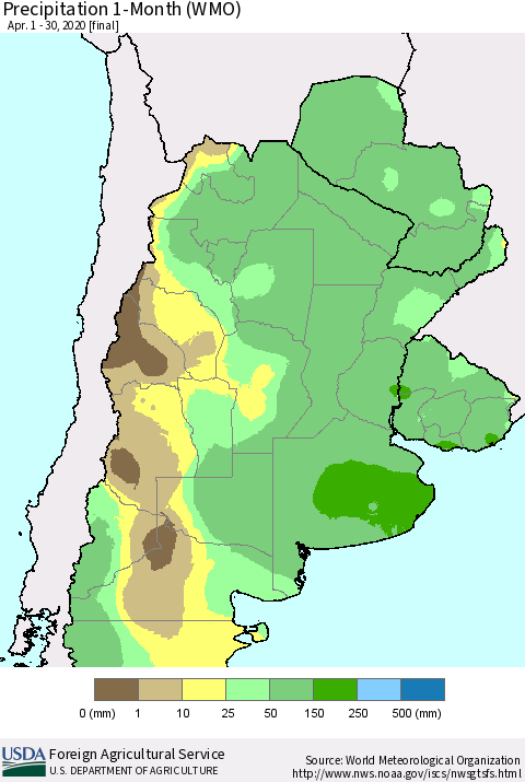 Southern South America Precipitation 1-Month (WMO) Thematic Map For 4/1/2020 - 4/30/2020