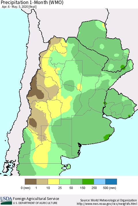 Southern South America Precipitation 1-Month (WMO) Thematic Map For 4/6/2020 - 5/5/2020