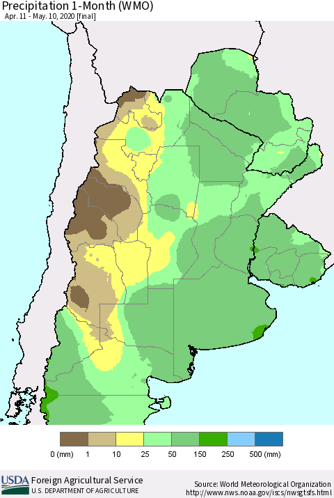 Southern South America Precipitation 1-Month (WMO) Thematic Map For 4/11/2020 - 5/10/2020