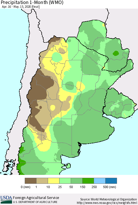 Southern South America Precipitation 1-Month (WMO) Thematic Map For 4/16/2020 - 5/15/2020