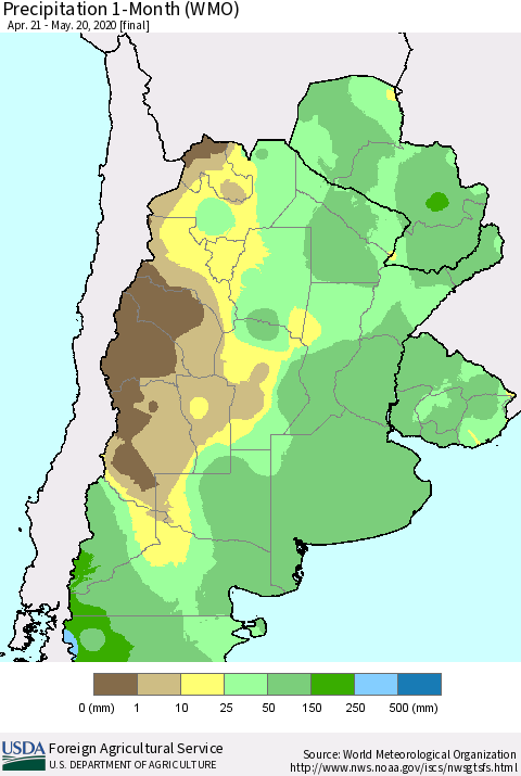 Southern South America Precipitation 1-Month (WMO) Thematic Map For 4/21/2020 - 5/20/2020