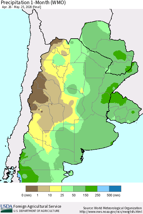 Southern South America Precipitation 1-Month (WMO) Thematic Map For 4/26/2020 - 5/25/2020