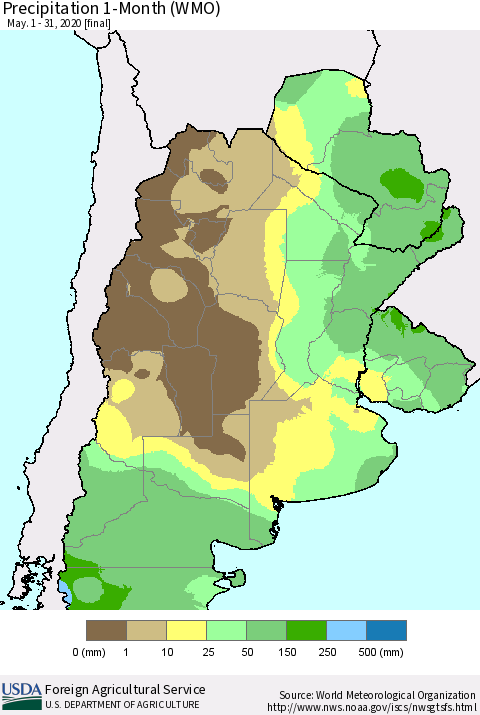 Southern South America Precipitation 1-Month (WMO) Thematic Map For 5/1/2020 - 5/31/2020