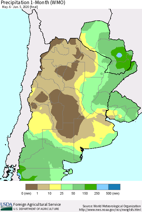 Southern South America Precipitation 1-Month (WMO) Thematic Map For 5/6/2020 - 6/5/2020