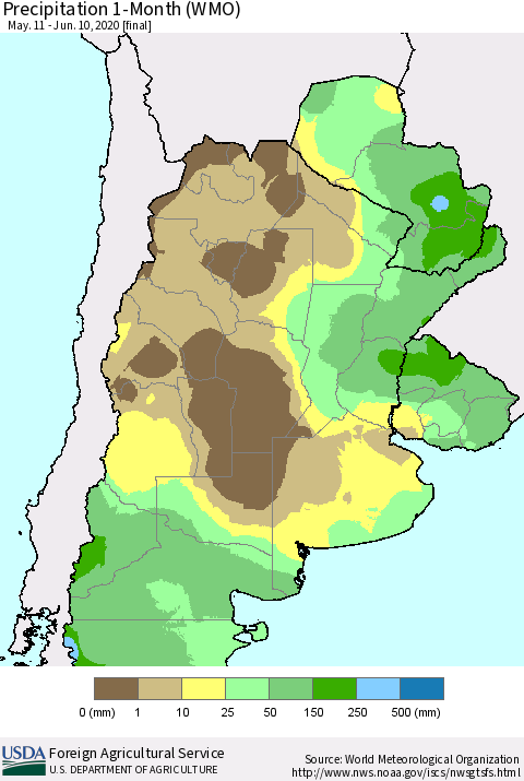 Southern South America Precipitation 1-Month (WMO) Thematic Map For 5/11/2020 - 6/10/2020