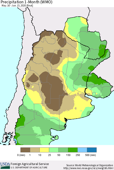 Southern South America Precipitation 1-Month (WMO) Thematic Map For 5/16/2020 - 6/15/2020