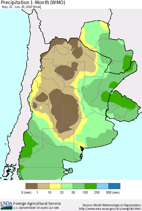 Southern South America Precipitation 1-Month (WMO) Thematic Map For 5/21/2020 - 6/20/2020