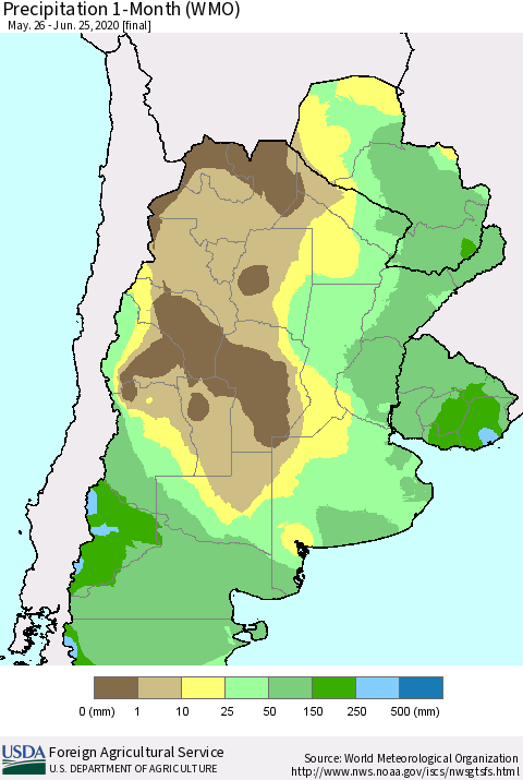 Southern South America Precipitation 1-Month (WMO) Thematic Map For 5/26/2020 - 6/25/2020