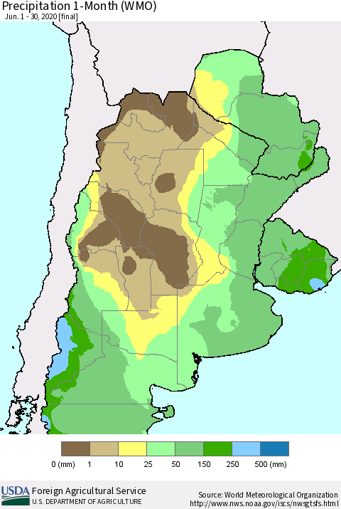 Southern South America Precipitation 1-Month (WMO) Thematic Map For 6/1/2020 - 6/30/2020