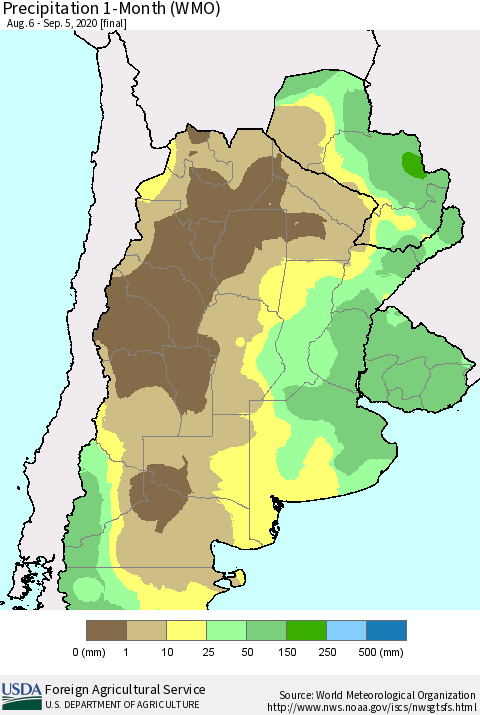 Southern South America Precipitation 1-Month (WMO) Thematic Map For 8/6/2020 - 9/5/2020