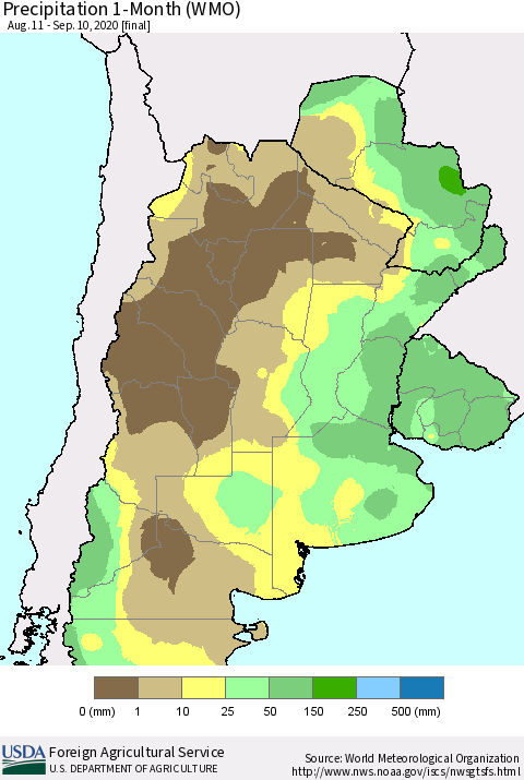 Southern South America Precipitation 1-Month (WMO) Thematic Map For 8/11/2020 - 9/10/2020