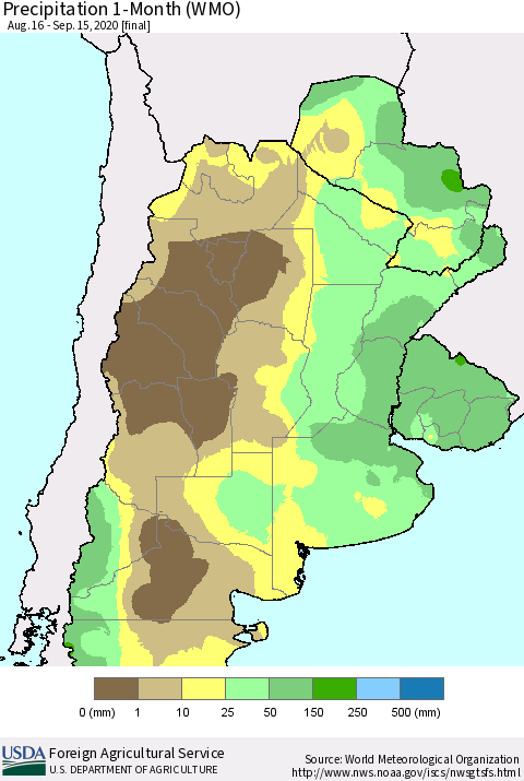 Southern South America Precipitation 1-Month (WMO) Thematic Map For 8/16/2020 - 9/15/2020