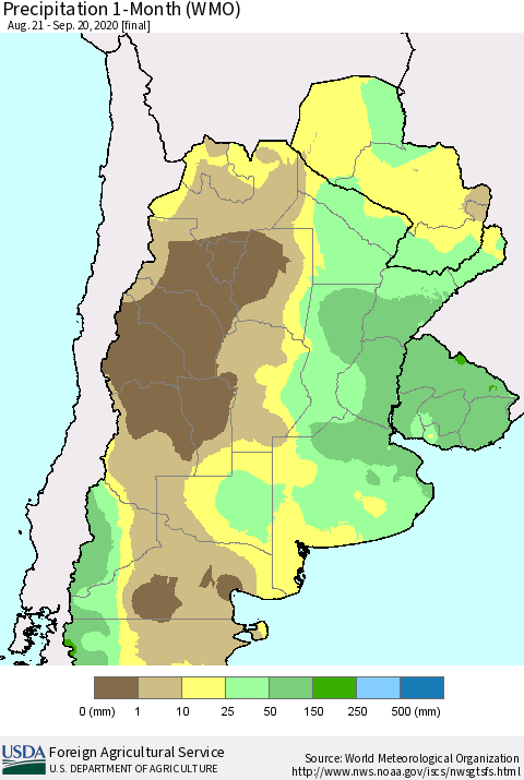 Southern South America Precipitation 1-Month (WMO) Thematic Map For 8/21/2020 - 9/20/2020