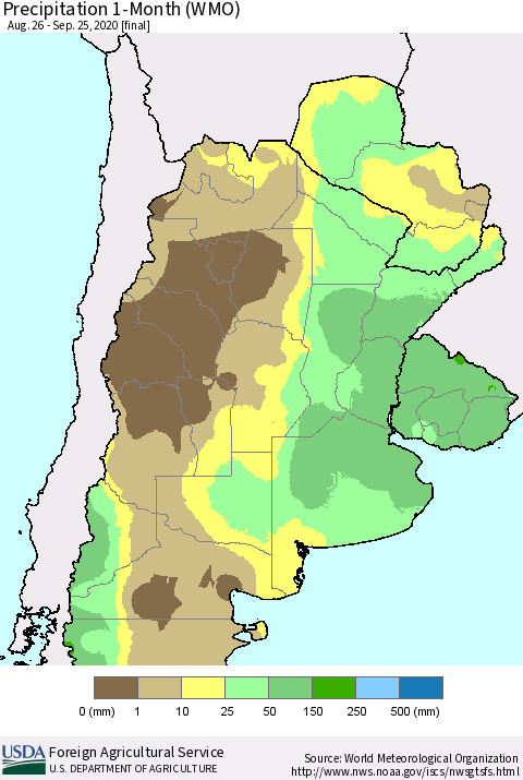 Southern South America Precipitation 1-Month (WMO) Thematic Map For 8/26/2020 - 9/25/2020