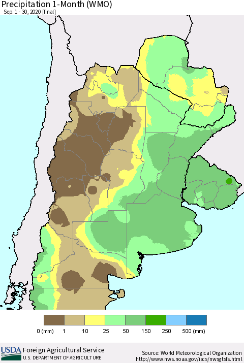 Southern South America Precipitation 1-Month (WMO) Thematic Map For 9/1/2020 - 9/30/2020