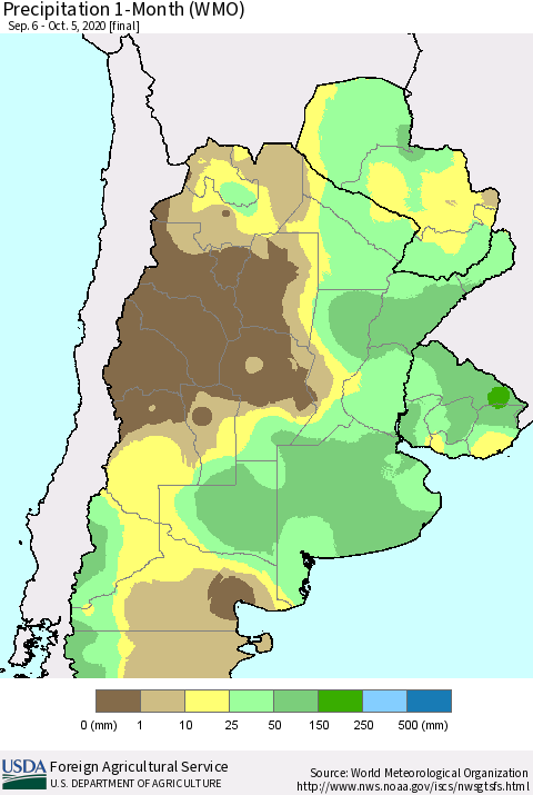 Southern South America Precipitation 1-Month (WMO) Thematic Map For 9/6/2020 - 10/5/2020