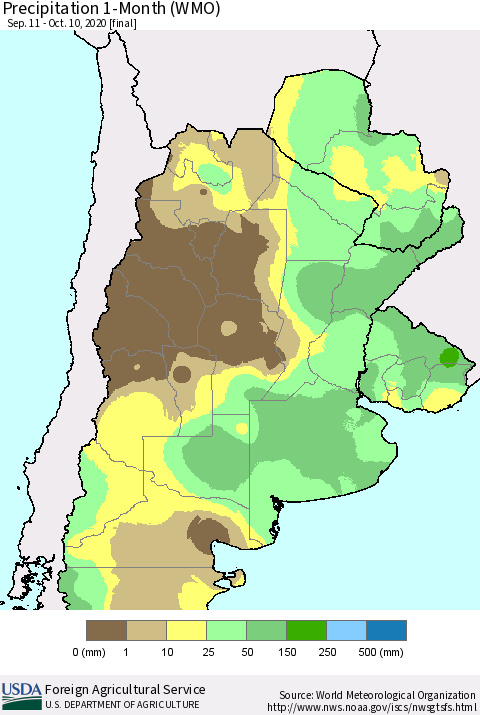 Southern South America Precipitation 1-Month (WMO) Thematic Map For 9/11/2020 - 10/10/2020