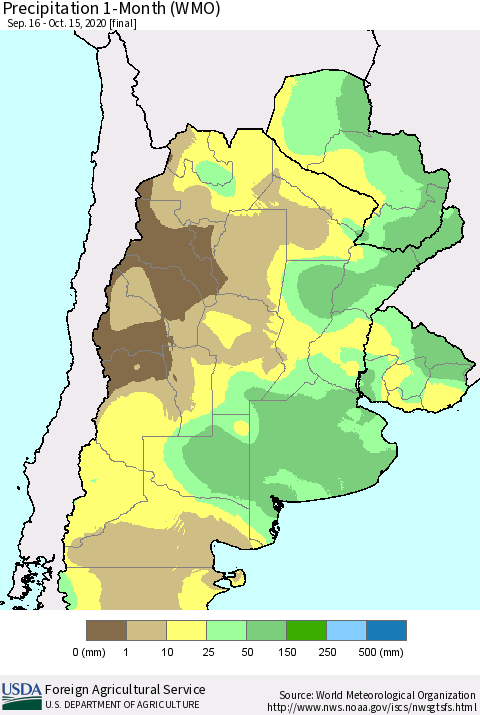 Southern South America Precipitation 1-Month (WMO) Thematic Map For 9/16/2020 - 10/15/2020