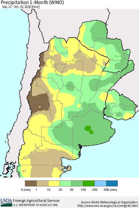 Southern South America Precipitation 1-Month (WMO) Thematic Map For 9/21/2020 - 10/20/2020