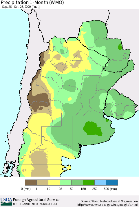 Southern South America Precipitation 1-Month (WMO) Thematic Map For 9/26/2020 - 10/25/2020