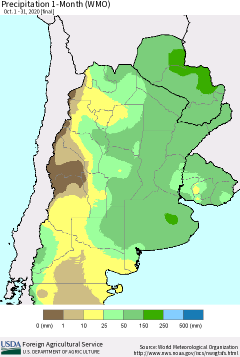 Southern South America Precipitation 1-Month (WMO) Thematic Map For 10/1/2020 - 10/31/2020