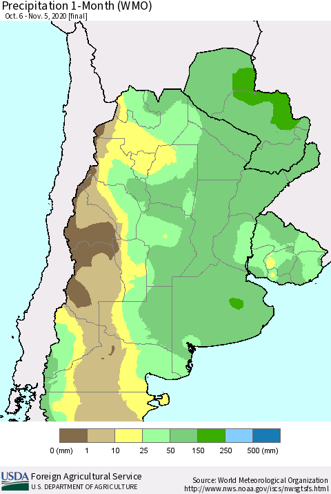 Southern South America Precipitation 1-Month (WMO) Thematic Map For 10/6/2020 - 11/5/2020