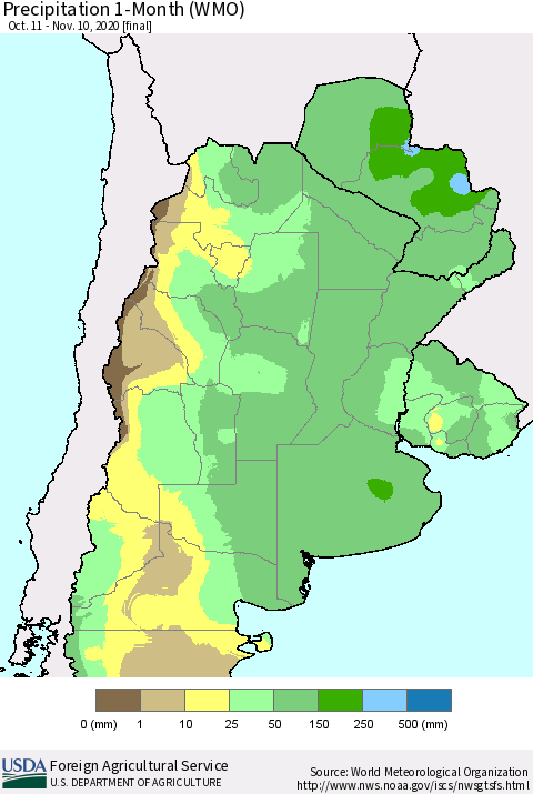 Southern South America Precipitation 1-Month (WMO) Thematic Map For 10/11/2020 - 11/10/2020