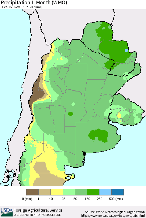Southern South America Precipitation 1-Month (WMO) Thematic Map For 10/16/2020 - 11/15/2020