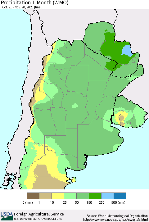 Southern South America Precipitation 1-Month (WMO) Thematic Map For 10/21/2020 - 11/20/2020