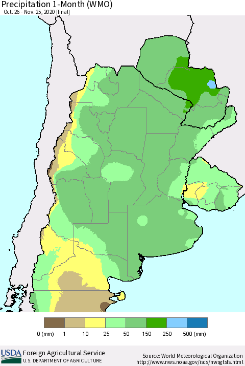 Southern South America Precipitation 1-Month (WMO) Thematic Map For 10/26/2020 - 11/25/2020