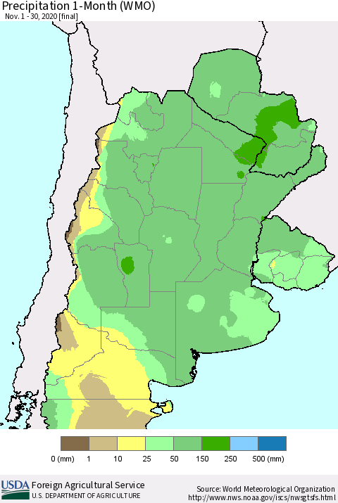 Southern South America Precipitation 1-Month (WMO) Thematic Map For 11/1/2020 - 11/30/2020