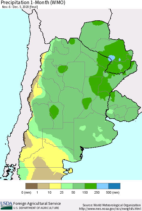 Southern South America Precipitation 1-Month (WMO) Thematic Map For 11/6/2020 - 12/5/2020