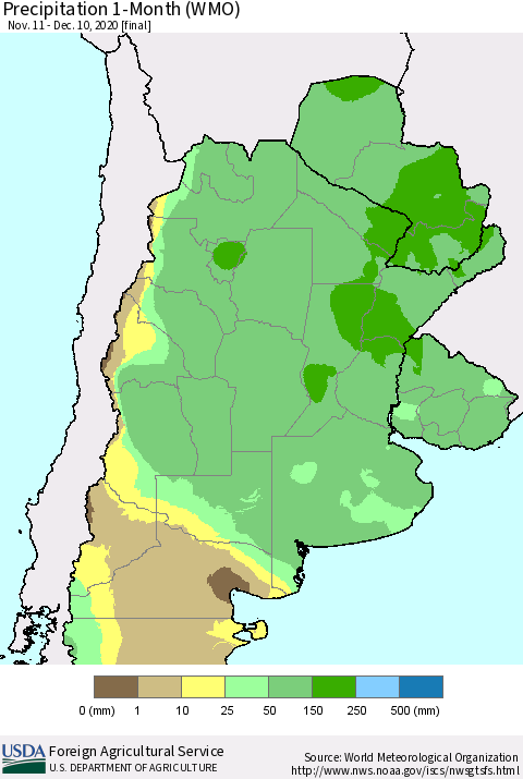 Southern South America Precipitation 1-Month (WMO) Thematic Map For 11/11/2020 - 12/10/2020