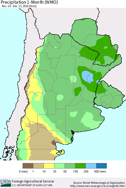 Southern South America Precipitation 1-Month (WMO) Thematic Map For 11/16/2020 - 12/15/2020