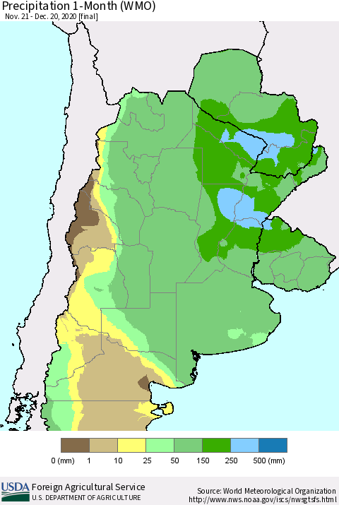 Southern South America Precipitation 1-Month (WMO) Thematic Map For 11/21/2020 - 12/20/2020