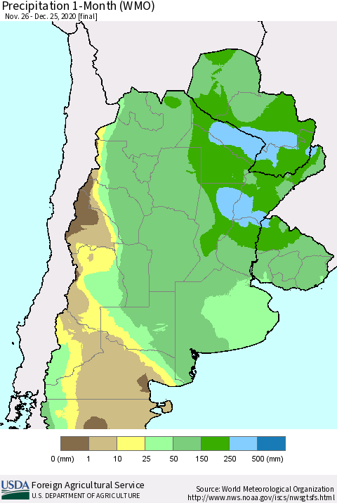 Southern South America Precipitation 1-Month (WMO) Thematic Map For 11/26/2020 - 12/25/2020