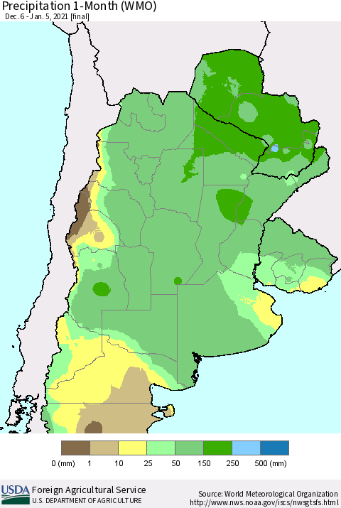 Southern South America Precipitation 1-Month (WMO) Thematic Map For 12/6/2020 - 1/5/2021