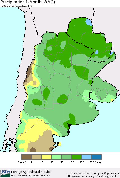 Southern South America Precipitation 1-Month (WMO) Thematic Map For 12/11/2020 - 1/10/2021