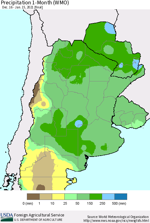 Southern South America Precipitation 1-Month (WMO) Thematic Map For 12/16/2020 - 1/15/2021
