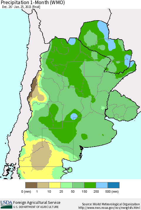 Southern South America Precipitation 1-Month (WMO) Thematic Map For 12/26/2020 - 1/25/2021