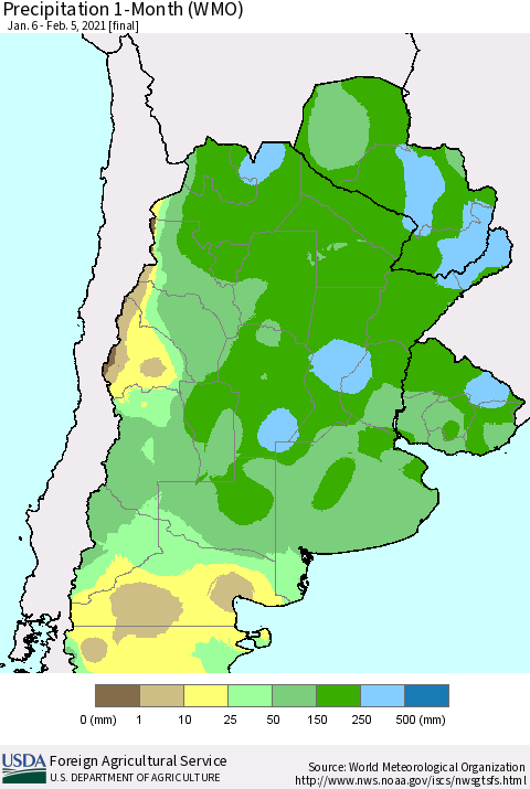 Southern South America Precipitation 1-Month (WMO) Thematic Map For 1/6/2021 - 2/5/2021
