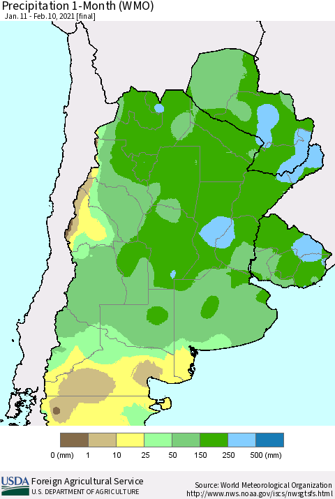 Southern South America Precipitation 1-Month (WMO) Thematic Map For 1/11/2021 - 2/10/2021