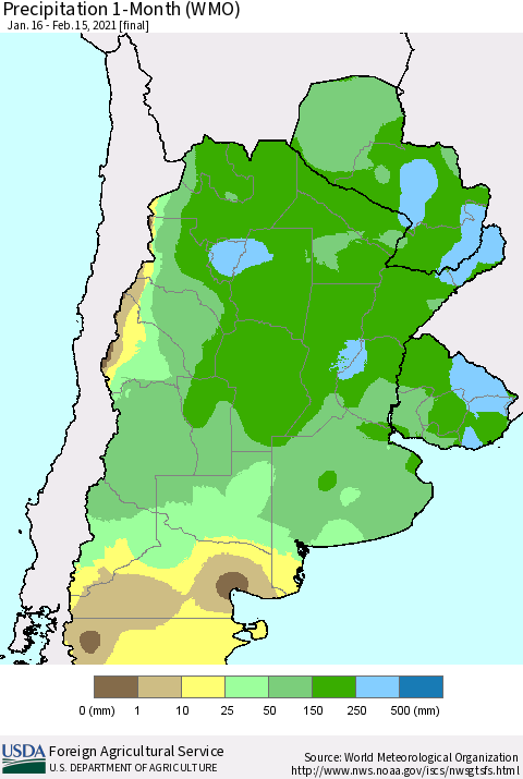 Southern South America Precipitation 1-Month (WMO) Thematic Map For 1/16/2021 - 2/15/2021