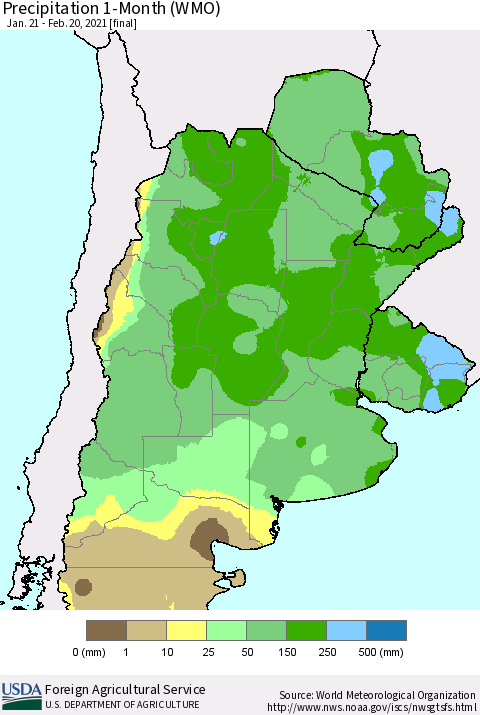 Southern South America Precipitation 1-Month (WMO) Thematic Map For 1/21/2021 - 2/20/2021