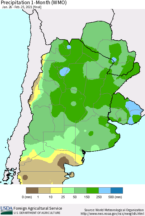 Southern South America Precipitation 1-Month (WMO) Thematic Map For 1/26/2021 - 2/25/2021