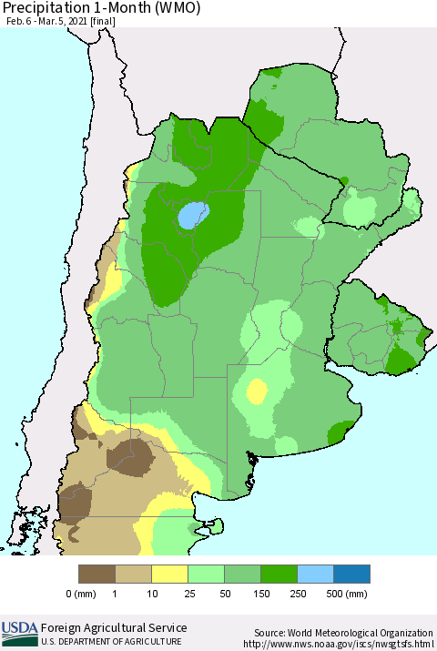 Southern South America Precipitation 1-Month (WMO) Thematic Map For 2/6/2021 - 3/5/2021