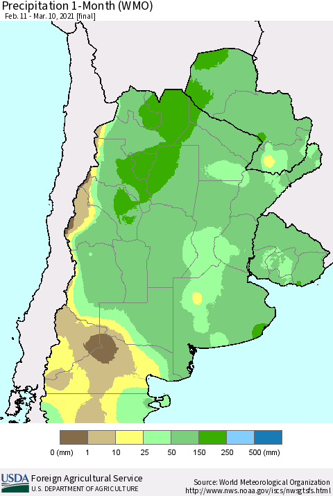 Southern South America Precipitation 1-Month (WMO) Thematic Map For 2/11/2021 - 3/10/2021