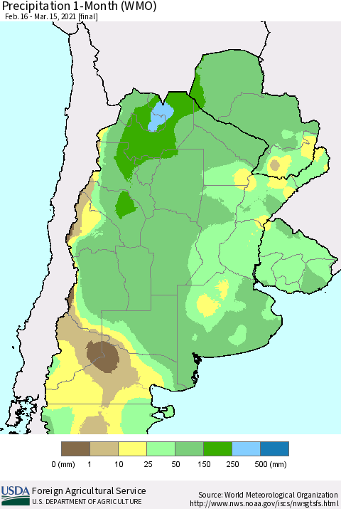 Southern South America Precipitation 1-Month (WMO) Thematic Map For 2/16/2021 - 3/15/2021