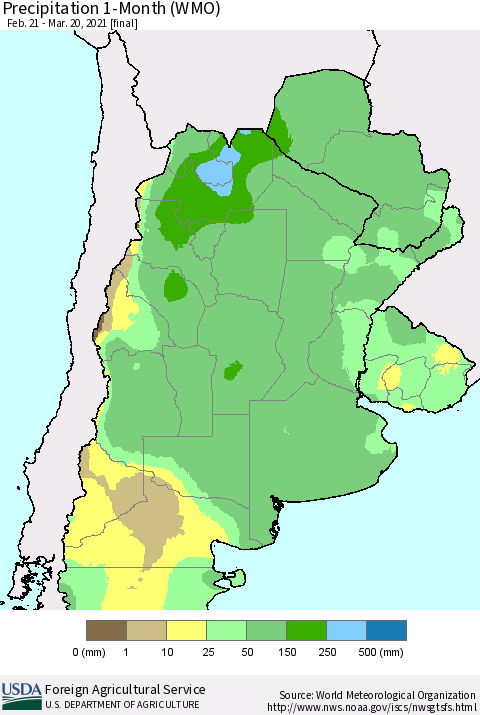 Southern South America Precipitation 1-Month (WMO) Thematic Map For 2/21/2021 - 3/20/2021