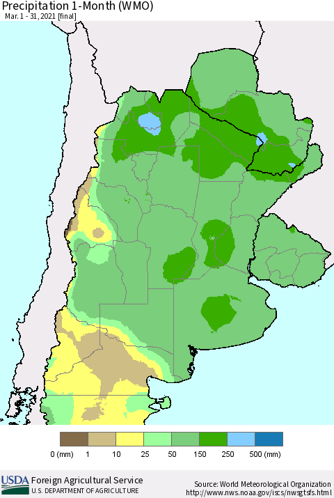 Southern South America Precipitation 1-Month (WMO) Thematic Map For 3/1/2021 - 3/31/2021